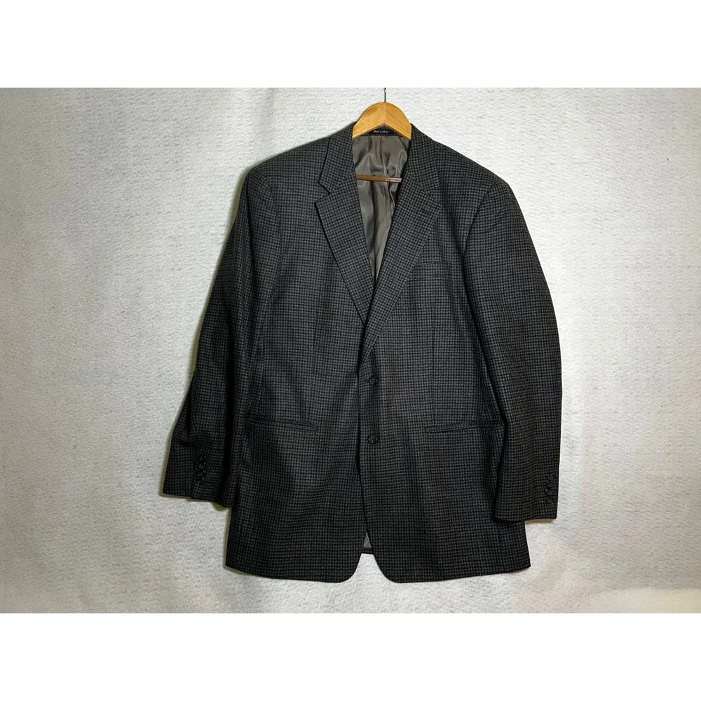 Chaps Men's 44L 100% Wool Blue Gray Houndstooth Blazer